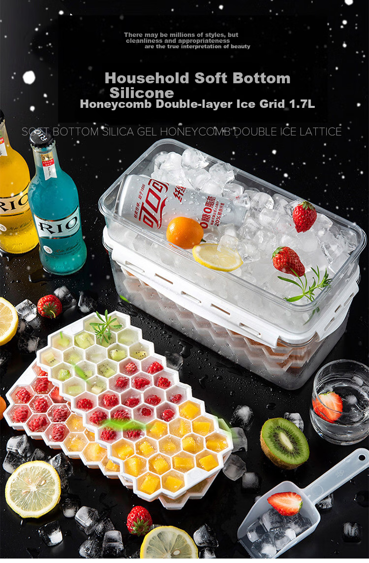 Quanshi Silicone Soft-Bottom Honeycomb Ice Tray, Ice Cube Mold with Lid, DIY 2-Layer 94 Grid 1.7L, Snap-On Lid with Ice Scoop 1