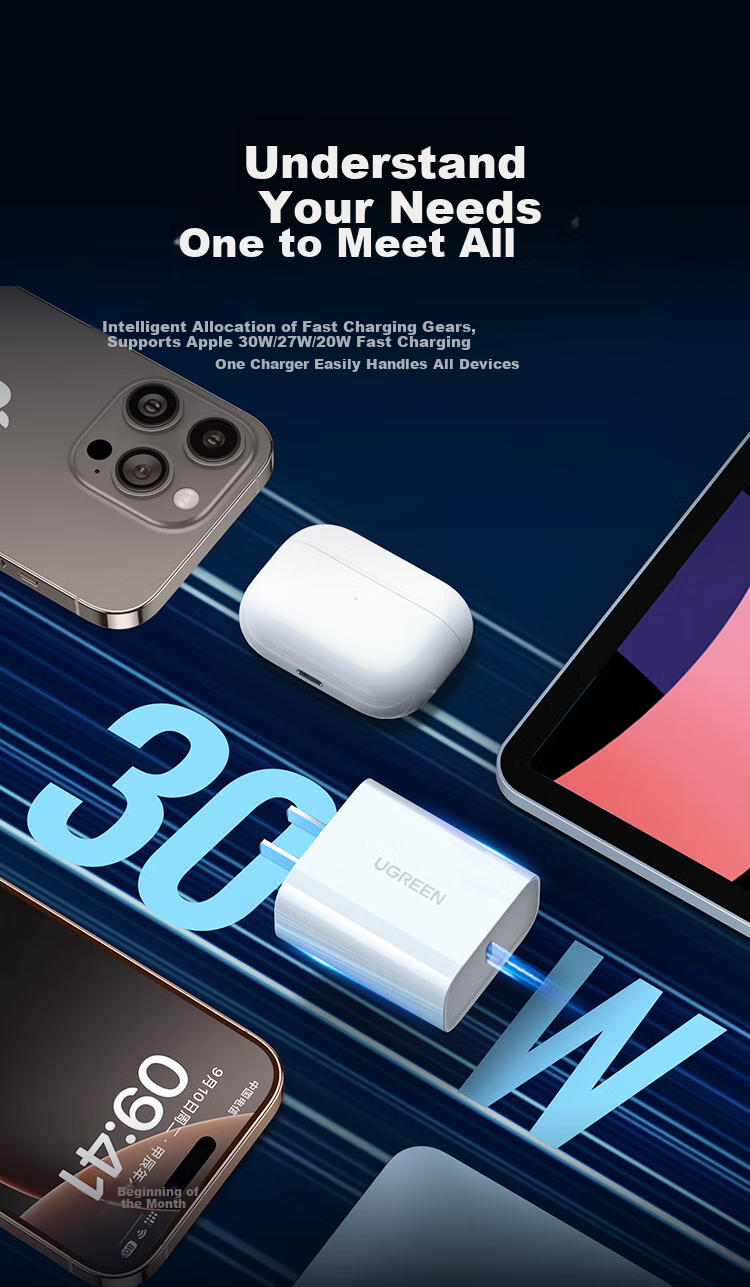 UGREEN 30W Charger, GaN Power Adapter, Compatible with Apple IPhone 18 Pro Max/17 Duo/16, Xiaomi, Huawei, IPad, Mobile Phone Type-C Fast Charging PD27W/20W Plug 5