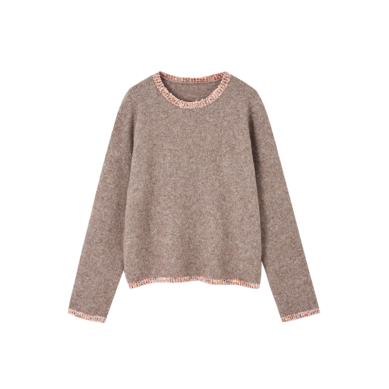 Demana【With Merino Wool】Autumn Fluffy Beaded Yarn Colorblock Crewneck Loose Fit Petite Knit Sweater for Women