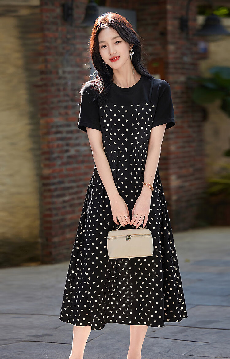 Demana Romantic Polka Summer Faux Two-Piece Spliced Polka Dot Chiffon Short Sleeve Waist Cinched Pleated Women's Dress 5