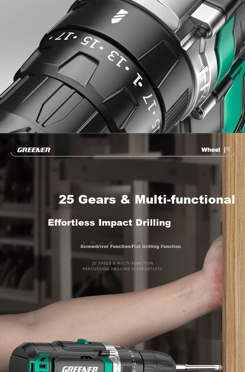 GREENER 12V Electric Drill, Cordless Screwdriver, Household Rechargeable Electric Tool Box, 2.0 Battery Set 13