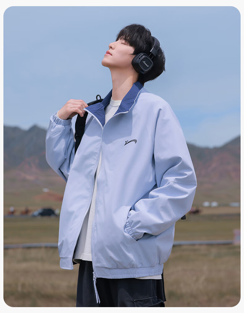 Guirenniao Men's Stand Collar Jacket New Spring Autumn American Baseball Collar Jacket Moonlight Blue S 15