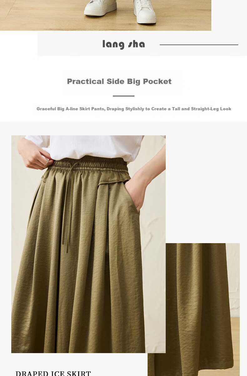Langsha Ice Silk Quick-Dry Wide-Leg Cropped Pants for Women, Summer 2026 Thin High-Waist Slimming Mid-Length Pants, Draping Casual Skirt Shorts 11