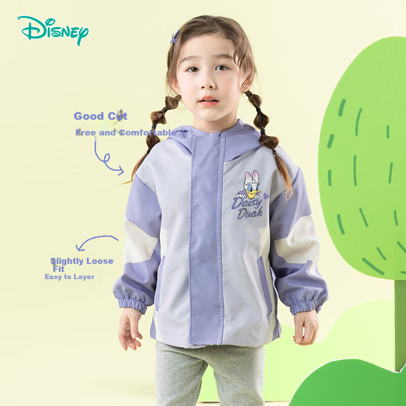 Disney Spring And Autumn Travel Children's Clothing, Girls' Cartoon Three-In Protective Wear-Resistant Breathable Hooded Jacket, Light Purple, Size 120