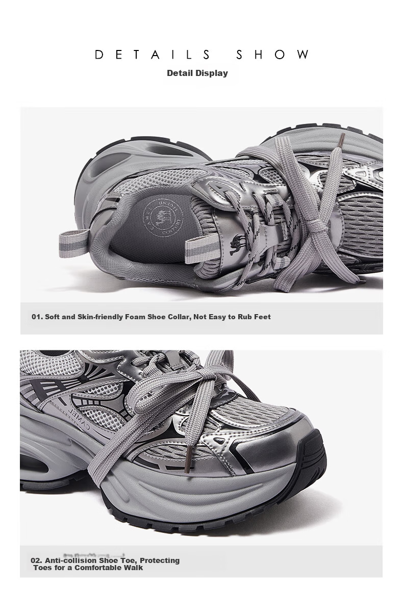 CAMEL Silver Dad Sneakers Women Breathable Mesh Height Increasing Thick Sole Sports Casual Shoes L25A283140 Gun/Black 40 25