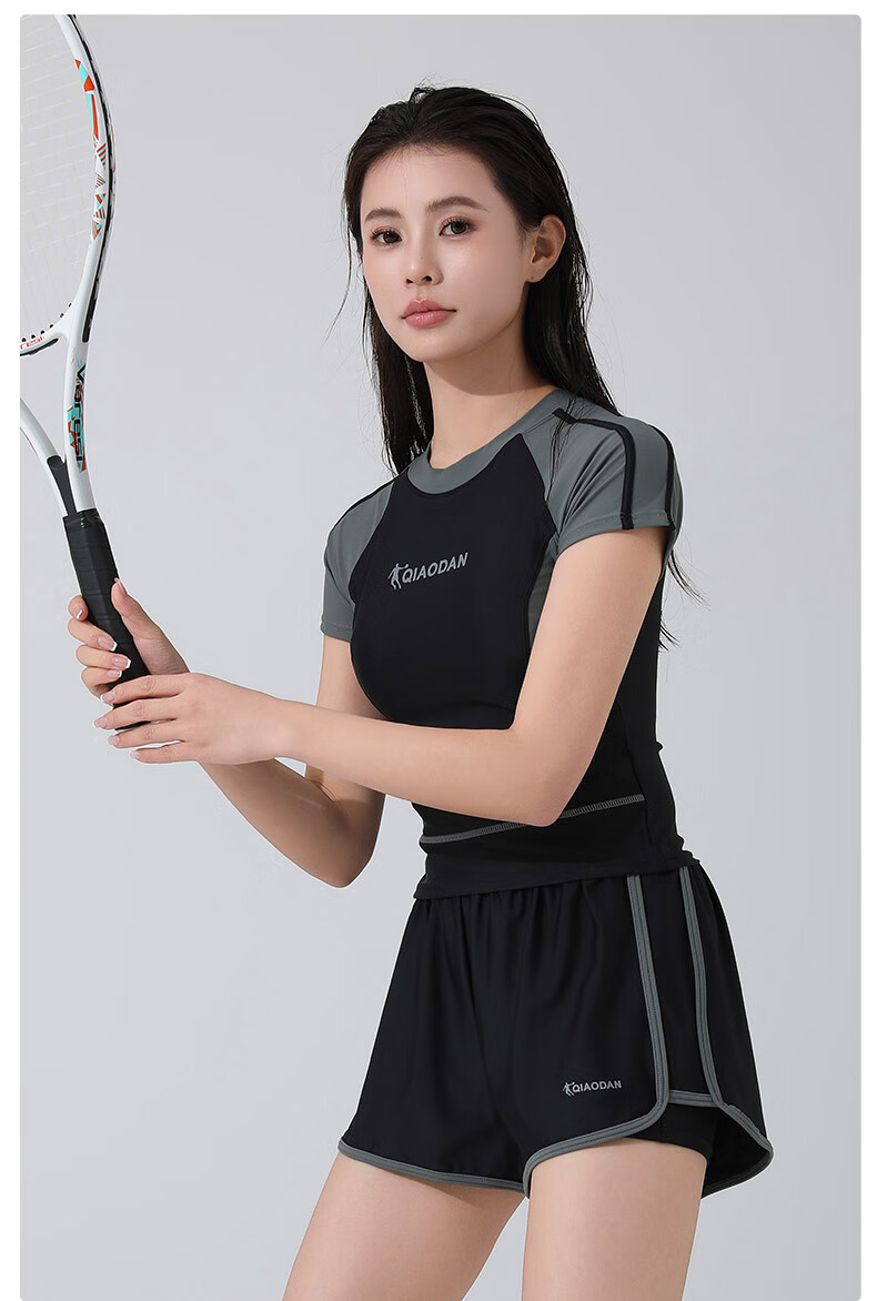 QIAODAN Women's Swimwear Two-Piece Short Sleeve High-End Sexy Conservative Casual Spa Competitive Swimsuit Black 2