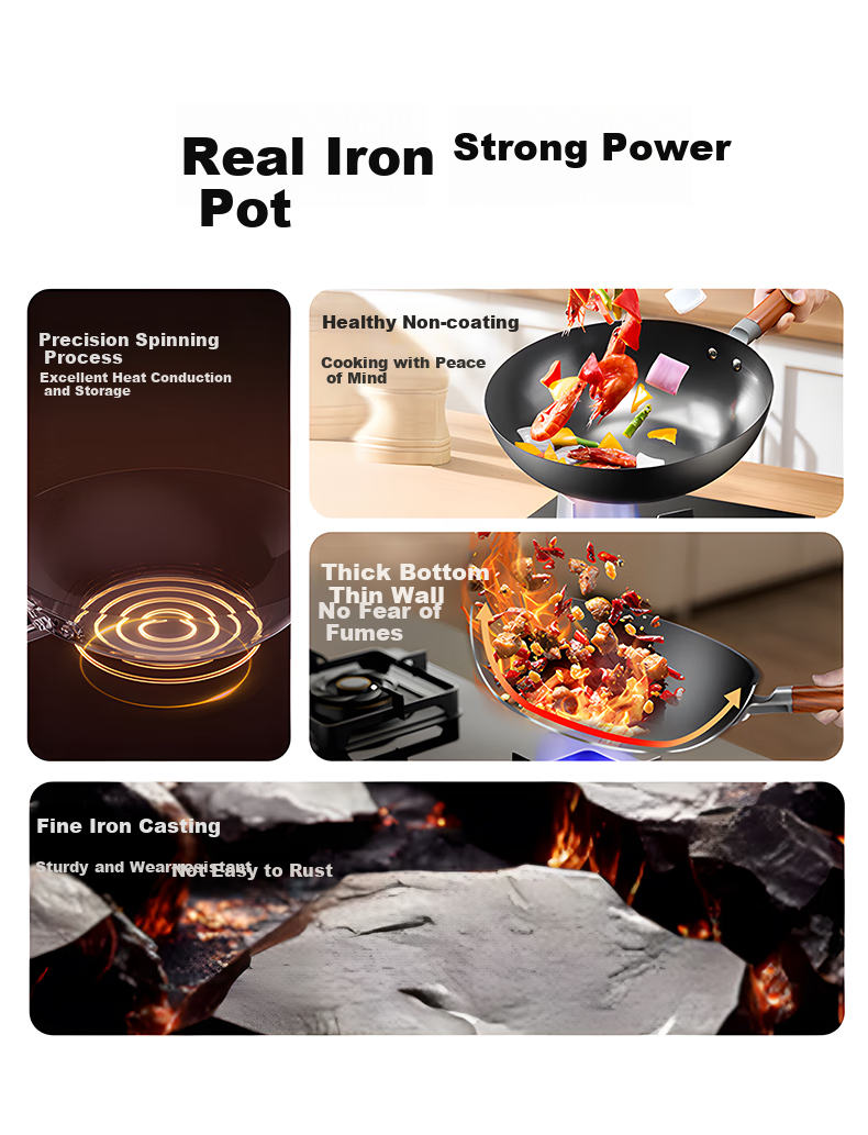 Midea Cast Iron Wok Healthy Non-Coated Iron Stir-Fry Pan 32cm for Home Gas Stove and Induction Cooker 3