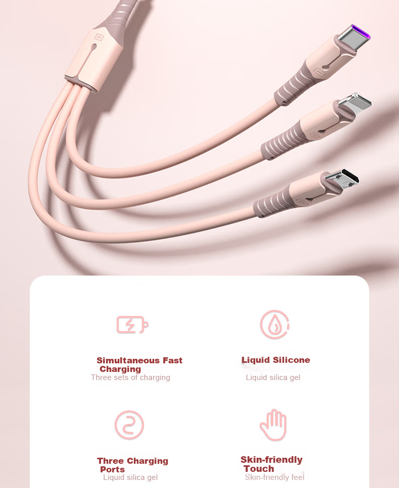 Nengshi Three-In Charging Cable, Fast Charging Compatible with Apple IPhone14/Typec And Android Devices, Three-Headed Cable for Xiaomi/Huawei, 66W, 0.6 Meters, Pink 2