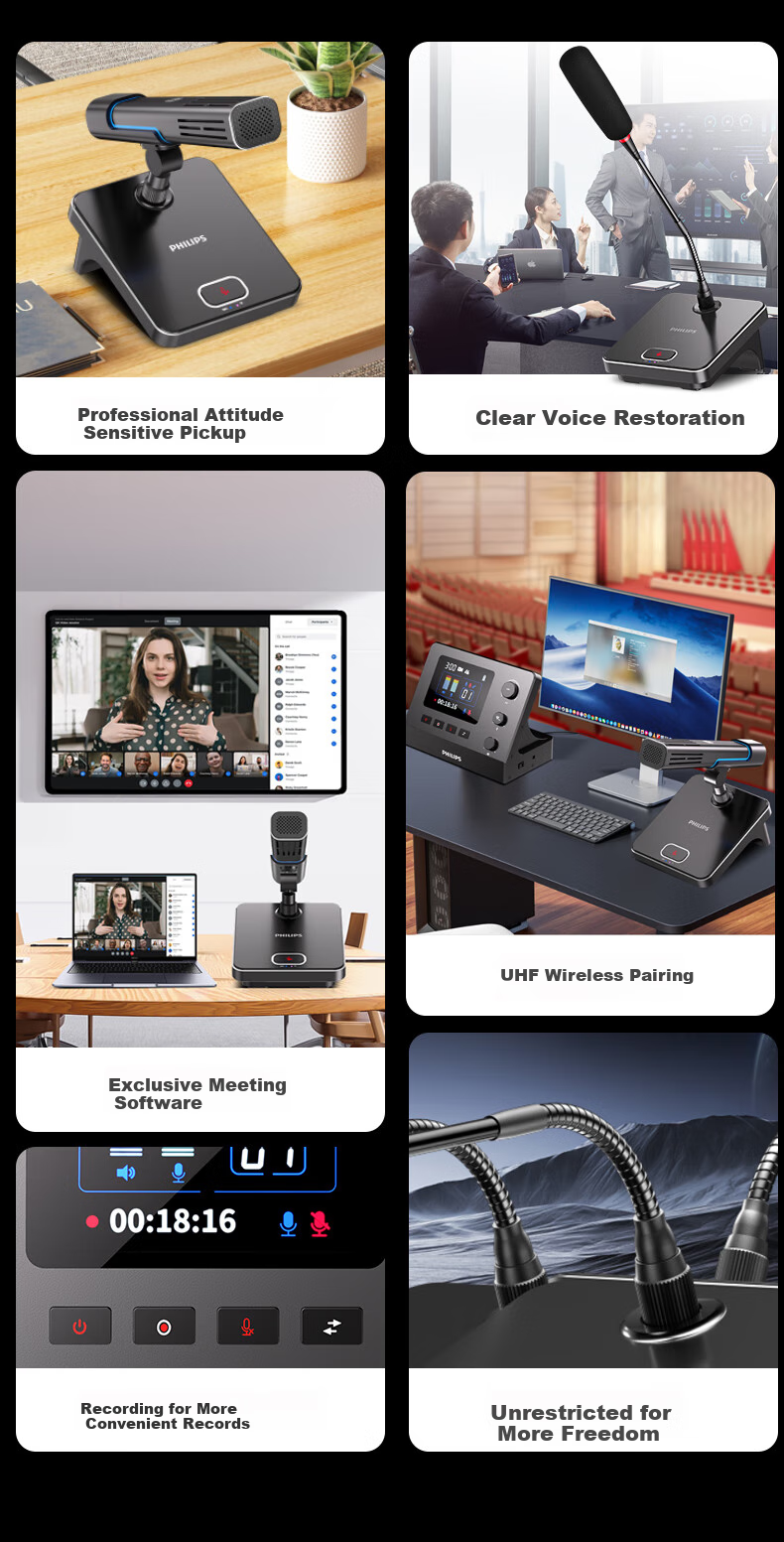 PHILIPS PSE470+PSE460*4 Wireless Desktop Microphone, Video Conference USB Computer Microphone Pickup, Control Console Host + Square Tube Wireless Microphone*4 2