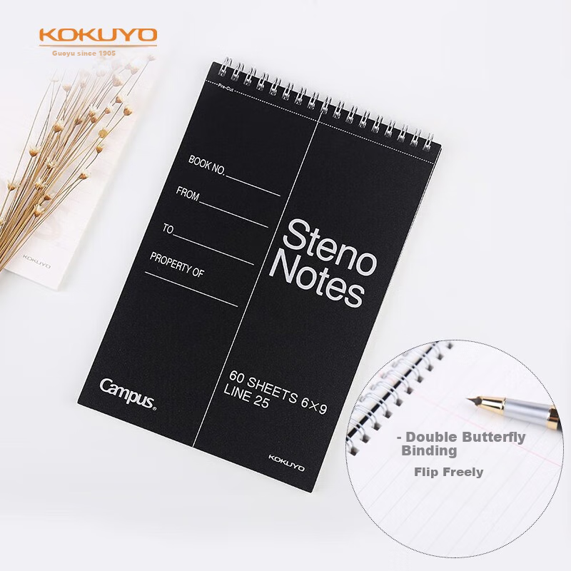 KOKUYO Spiral Notebook Campus Vertical Flip Coil PP Cover Quick Note Pad, 6x9 Inch (A5), 8mm Center Column, 60 Sheets/book, 1 Black Book, WCN-CTNB610N