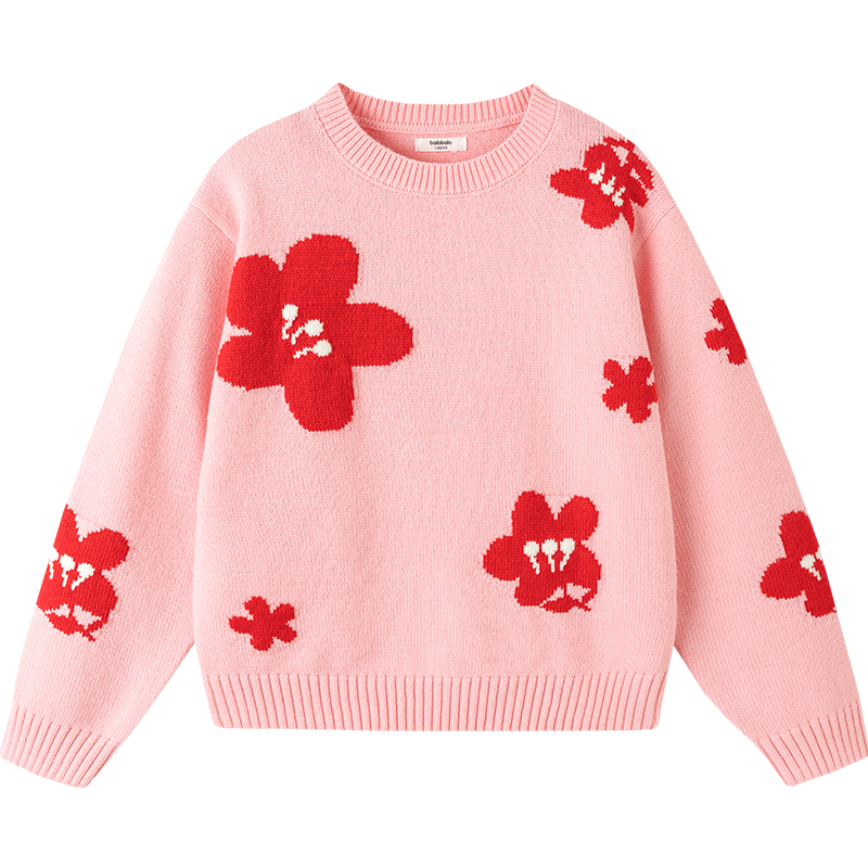 Balabala Kids Red Sweater Girls Round Neck Drop Shoulder Jacquard Knit New Year Greeting Pullover