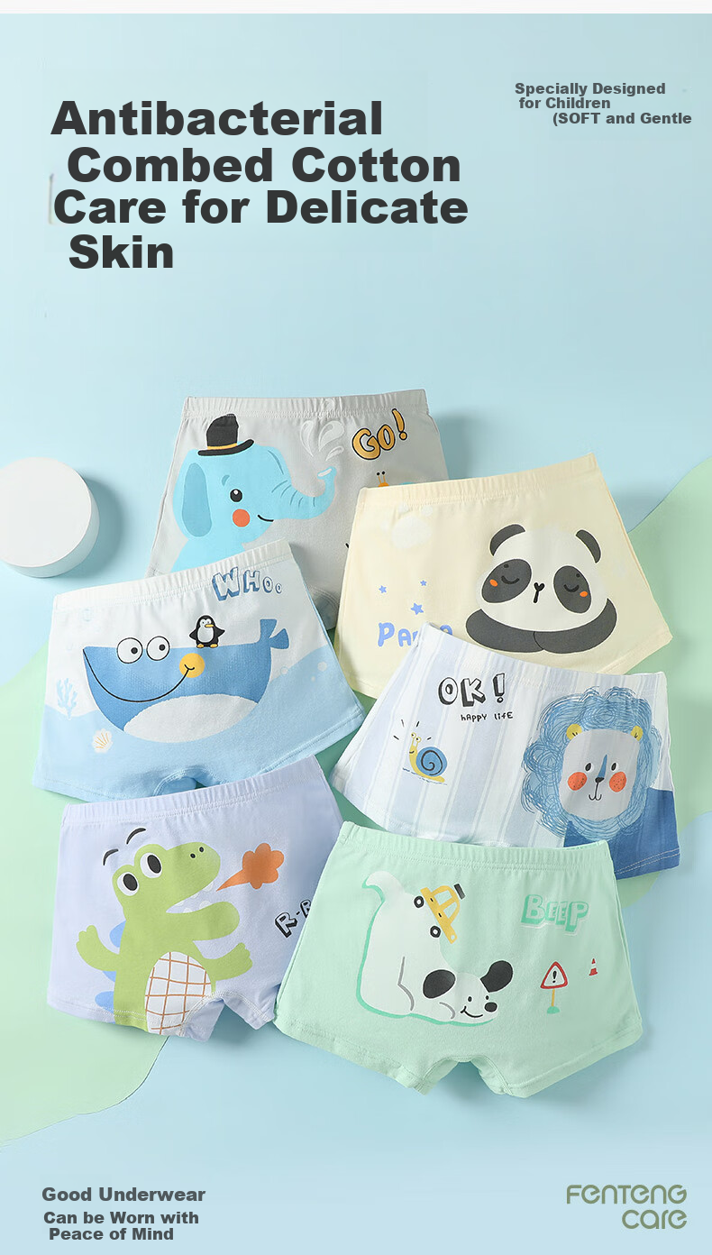 FENTENGCARE Children's Underwear [Class A Cotton, 7A Antibacterial] 6-Pack Boys' New Cartoon Pure Cotton Crotch Boxer Briefs for Boys 11
