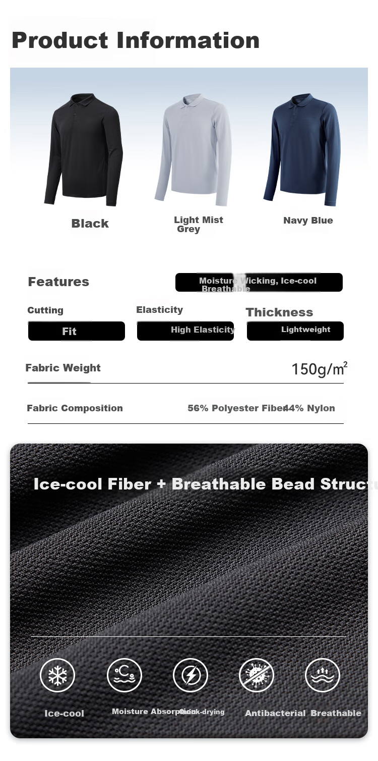 JD Original Autumn Sports Casual Long-Sleeve Outdoor T-Shirt for Men POLO Simple Sun Protection Quick-Dry Top Light Mist Gray M 2
