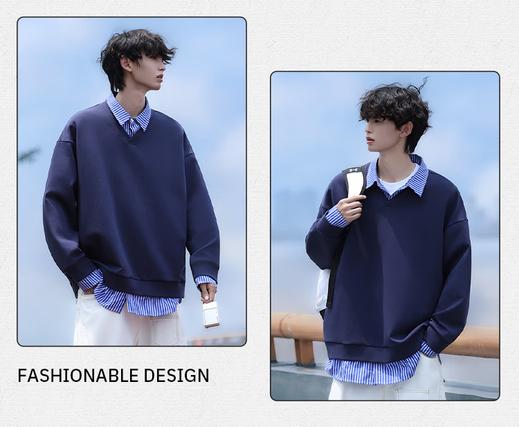 Homlean Casual Two-Piece Shirt Collar Color-Block Sweatshirt Men Autumn Winter Striped Loose Japanese Style HK05 Light Gray M 6