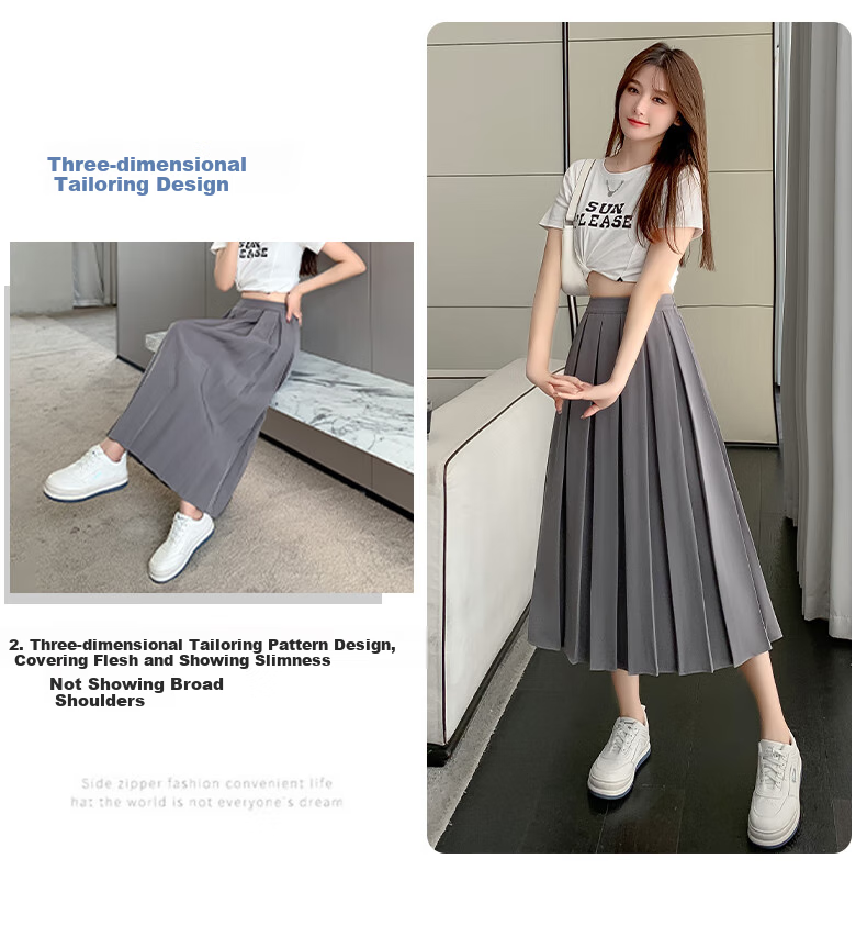 LangSha Pleated Skirt Women's Spring Vintage Mid-Length A-Line Skirt Elastic Waist Slim Fit Suit Umbrella Skirt 6