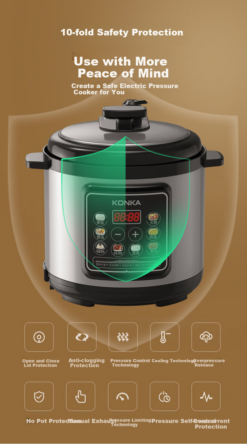 KONKA Electric Pressure Cooker, 5L Multi-Functional Household High-Pressure Cooker with Non-Stick Inner Pot, Smart Reservation Pressure Cooker KYLG-5006E 9