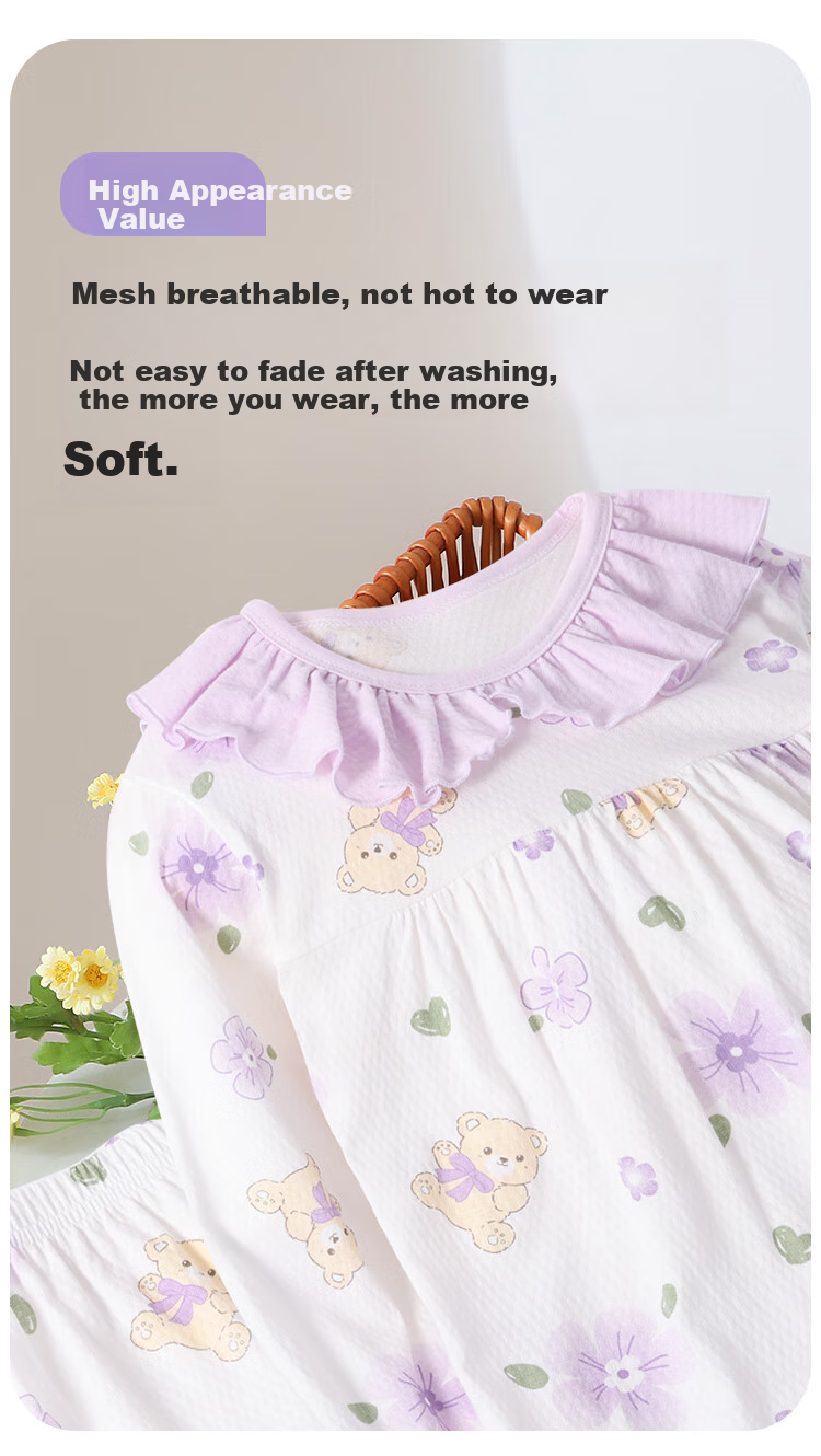 DEESHA [100% Pure Cotton Class A] Children's Pajamas Spring And Summer Lightweight Girls' Loungewear Baby Air Conditioning Suit Set 3
