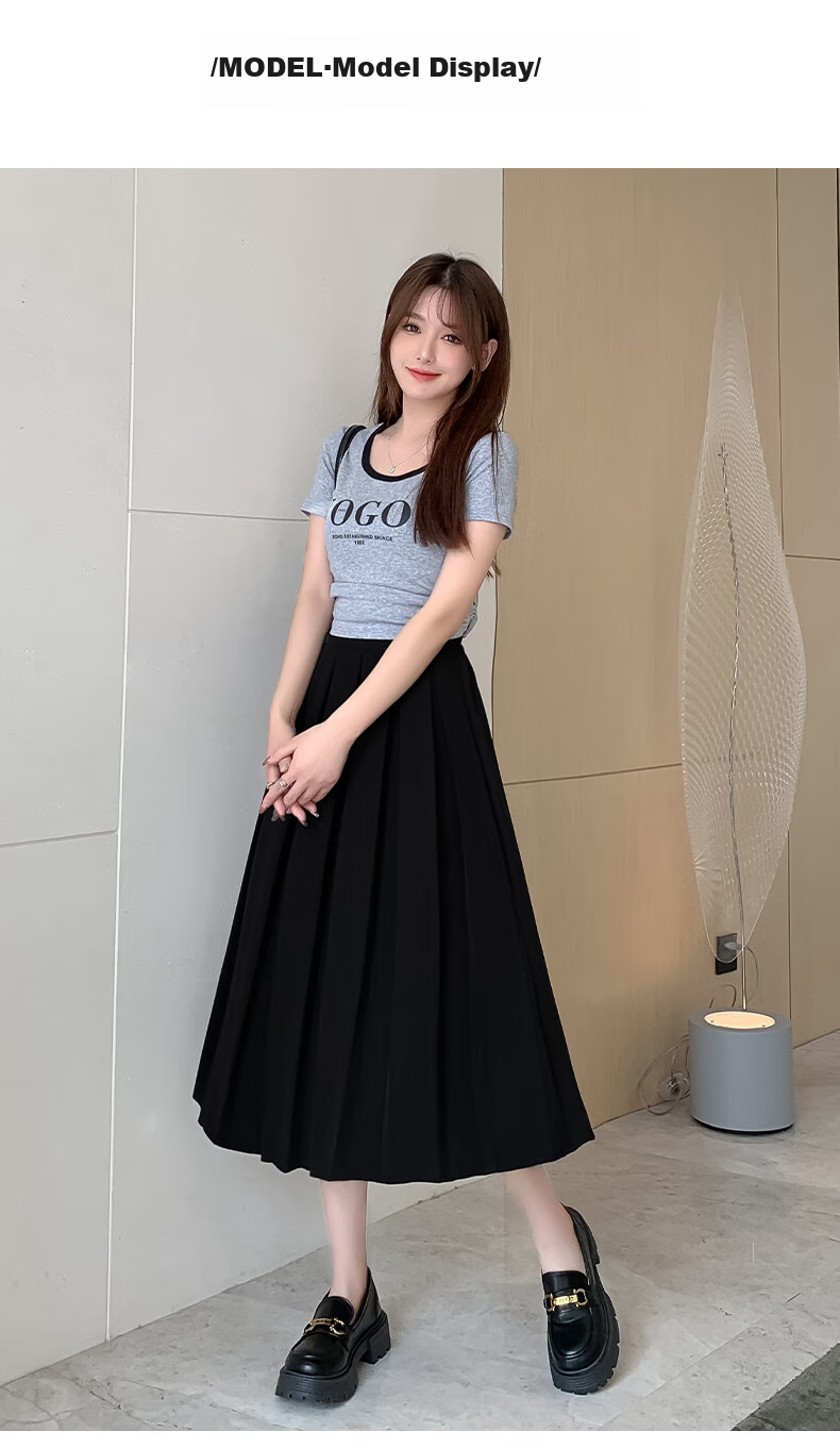 LangSha Pleated Skirt Women's Spring Vintage Mid-Length A-Line Skirt Elastic Waist Slim Fit Suit Umbrella Skirt 9
