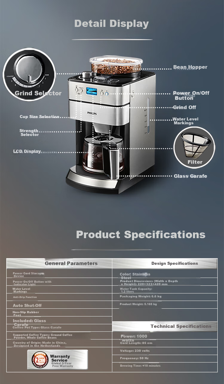 PHILIPS Fully Automatic Coffee Machine for Home Use, American-Style, Dual-Use for Beans And Grounds, Integrated Grinder, Freshly Ground, Practical Gift [HD7751] 8