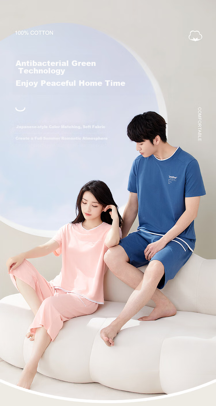 Hongdoujujia Pure Cotton Pajamas for Men, Summer Short-Sleeve Round Neck Antibacterial Loungewear, Nia Blue 170/92A 1