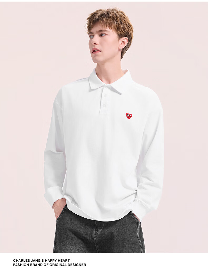 Charles Peach Heart Simple Collar Polo Sweatshirt Unisex Couple Small Heart Chest Autumn Long Sleeve Off-White S 3