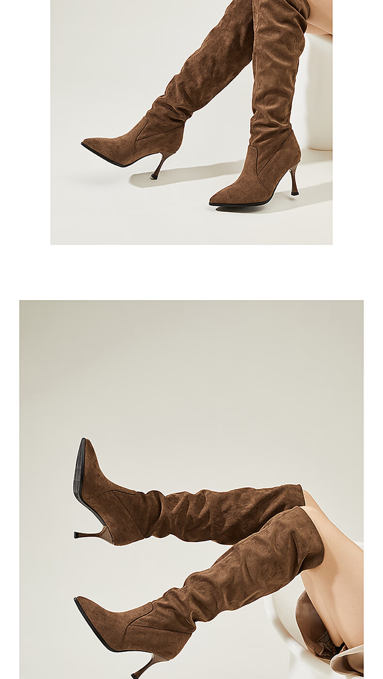 DAPHNE French Style Elegant Stacked Boots Women Pointed Toe Stiletto High Heel Long Boots Slim Fashion Versatile Brown 37 4