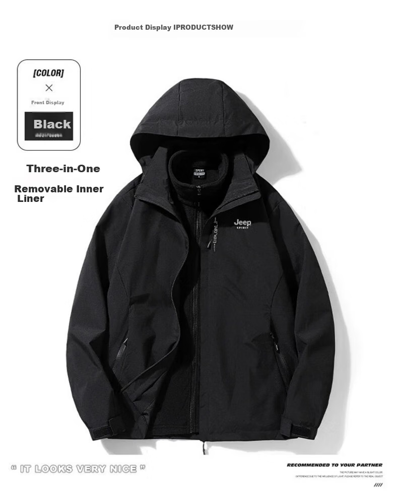 JEEP Men's Windbreaker Jacket, Autumn And Winter Three-In Detachable Outdoor Windproof Mountaineering Coat, Black Three-In Size M 24