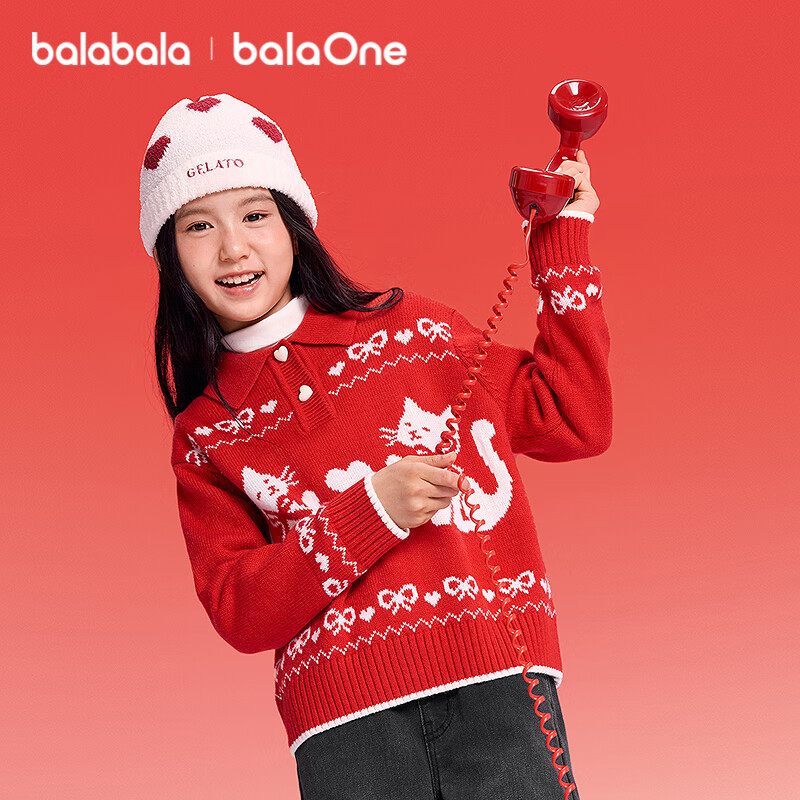 Balabala [balaOne] Girls Pullover Knit Sweater Sweet Red New Year Greeting Sweater