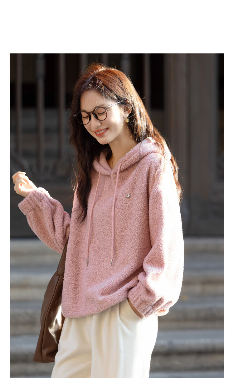 Demana [Relaxed Urban] Winter Warm Faux Lambswool Hooded Colorblock Drawstring Long Sleeve Loose Comfortable Women's Sweatshirt 2