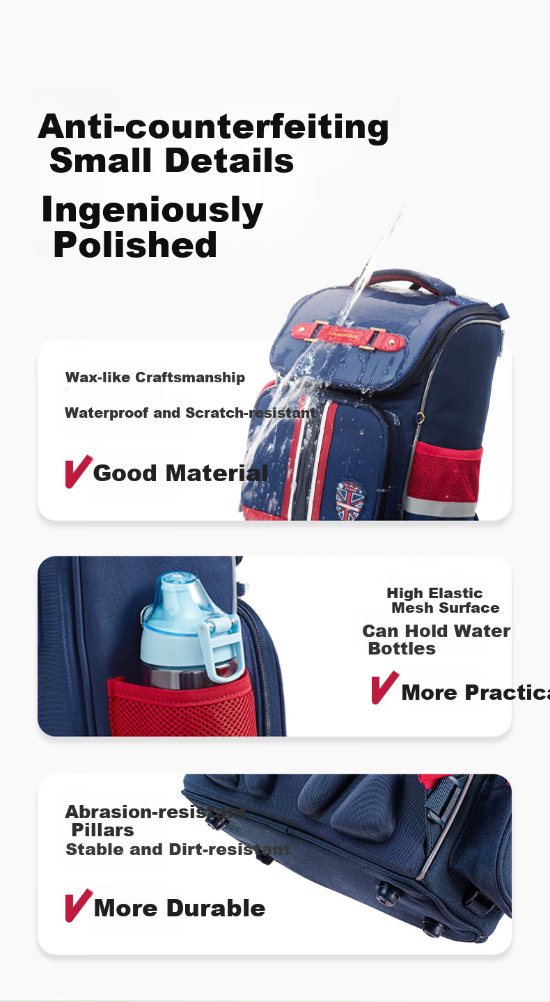Jianqiaoshu Schoolbag for Primary School Boys Grades 1-3 Children's Lightweight Spine-Protecting Large Capacity Backpack, Large Size Navy Blue And Red 16