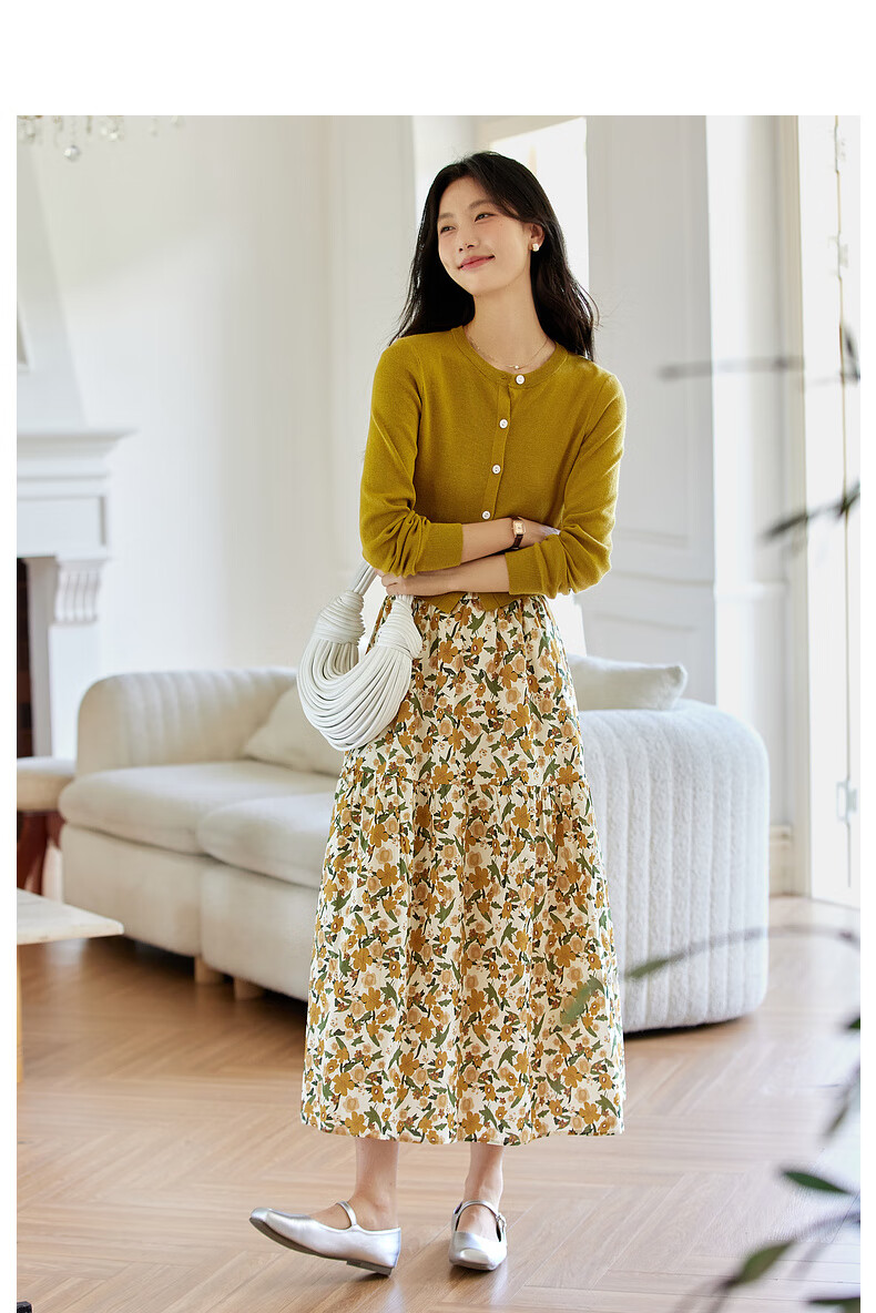 Fanximan Holiday Style Casual Set Women Autumn New Knitted Top and Skirt Two-Piece Set Apricot Base Red Floral L 12