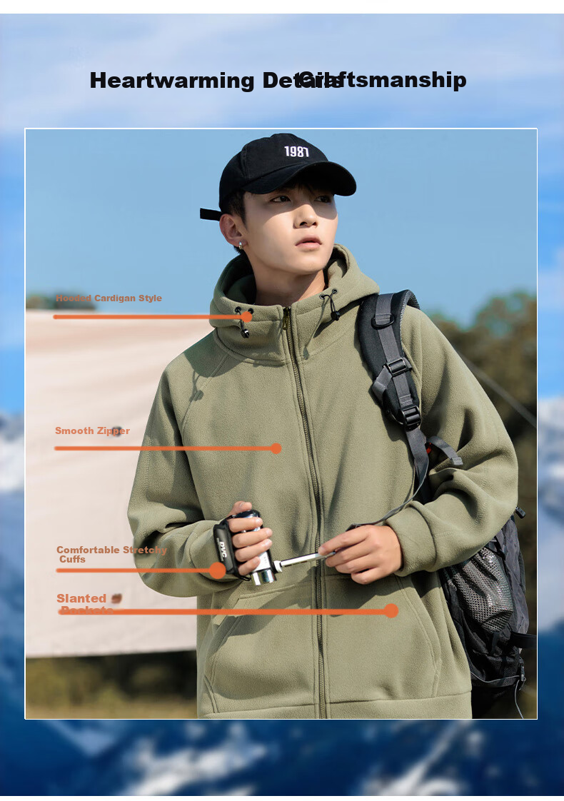 EASTERN CAMEL Fleece Jacket for Men, Spring And Autumn Warm Thickened Cardigan Sweatshirt, Fleece Coat Cotton Padded Jacket Men's Outerwear 5