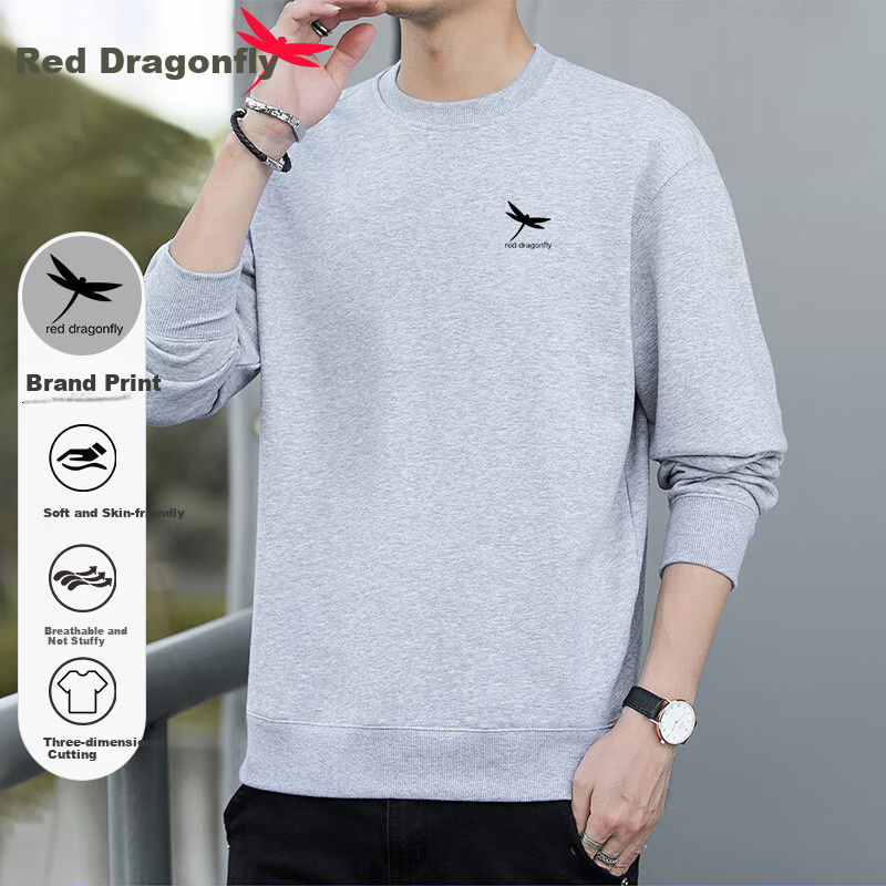 RED DRAGONFLY Sweatshirt for Men, Casual Fashion Printed Simple Round Neck Long-Sleeve T-Shirt Top Versatile Slightly Elastic Pullover Gray 3XL