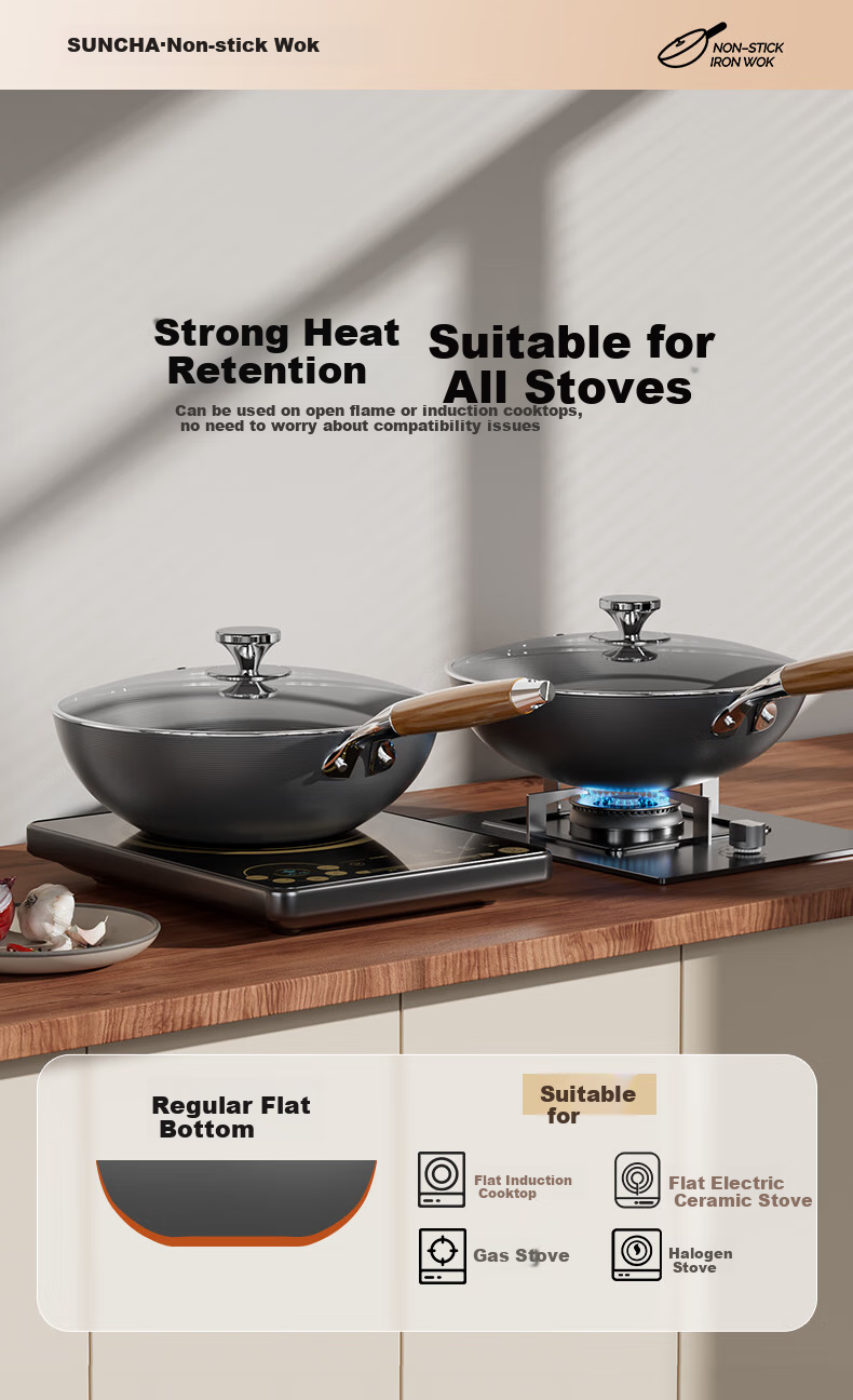 Suncha Iron Wok, High-Purity Pure Iron Non-Coated Non-Stick Pan for Stir-Frying, Compatible with Gas And Induction Stoves, 32cm, Pre-Seasoned 17