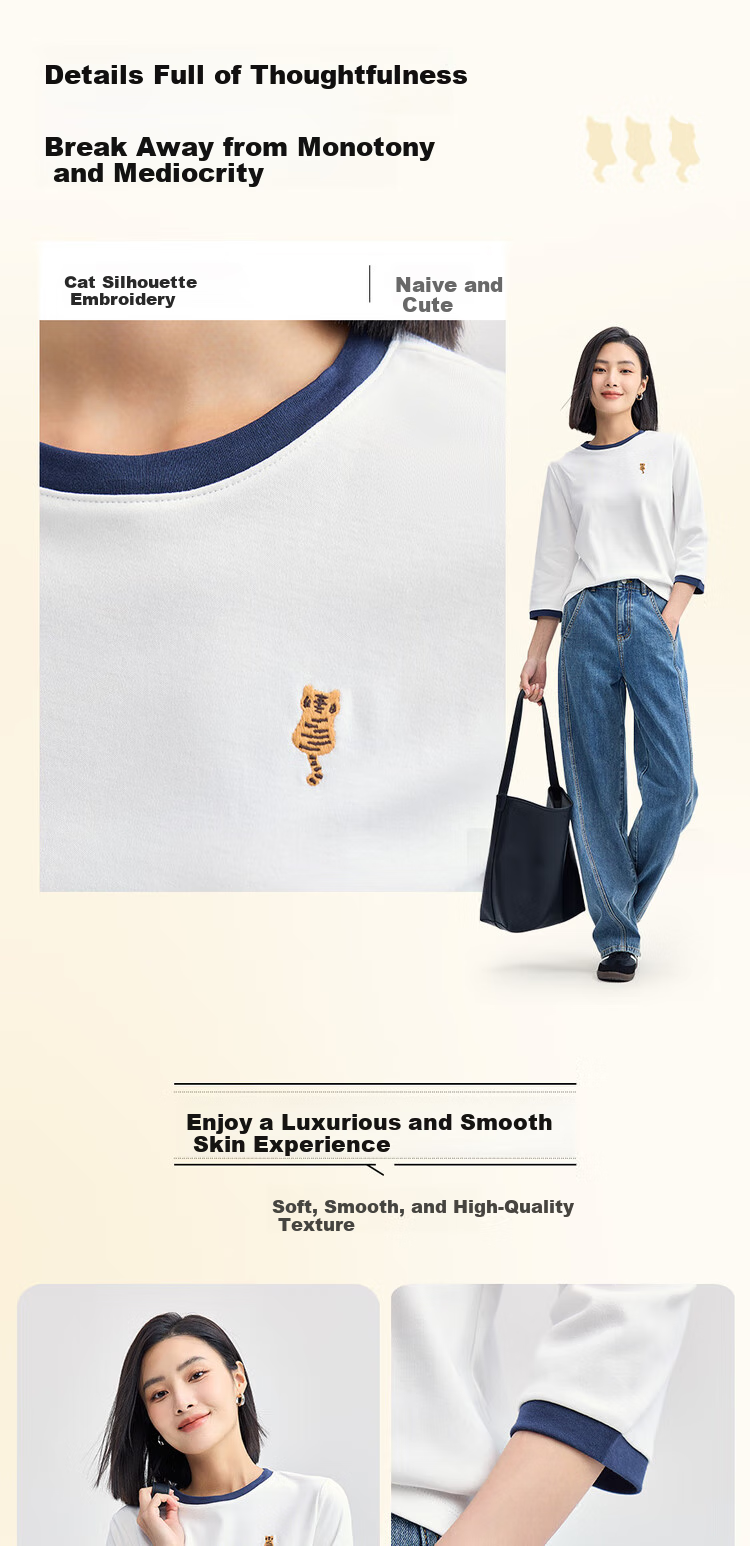 Giordano Women's T-Shirt, 2026 New Style, Pure Cotton, Cat Embroidery, Contrasting Color, Round Neck, Three-Quarter Sleeve Top, 05324798 4
