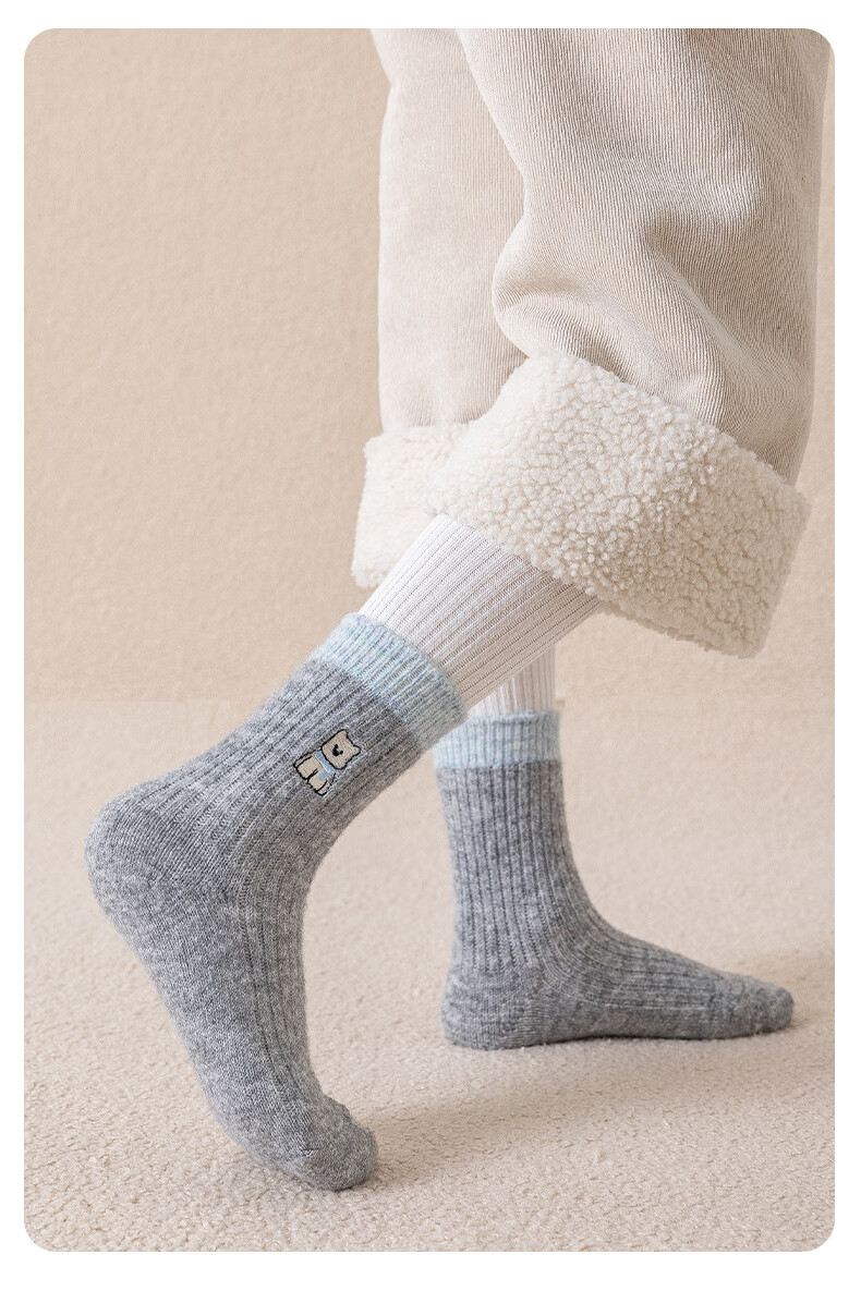 MiiOW Girls' Thickened Autumn Winter Socks Kids Boys Korean Embroidered Puppy Colorblock Warm Mid-Calf Socks 4