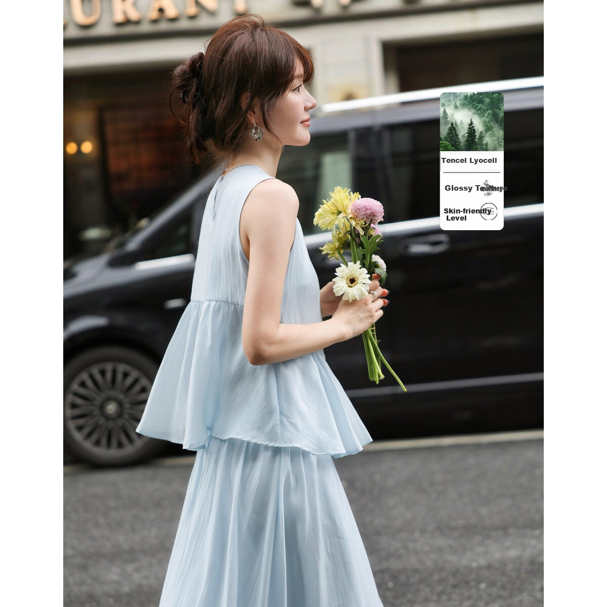 Mt [Shuxiang Laisai] Summer European Style Two-Piece Elegant Sweet Sleeveless Dress for Petite Women, Long Length