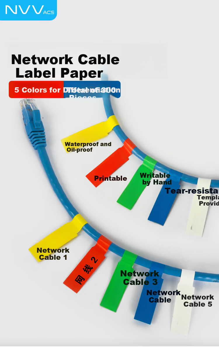 NVV Network Cable Label Stickers, A4 Network Wiring Adhesive, Communication Room Cable Labels Printing Paper, P-Type Classification Stickers for Handwriting/Laser Printing, 5 Colors, 300 Pieces, BQ-P10 1