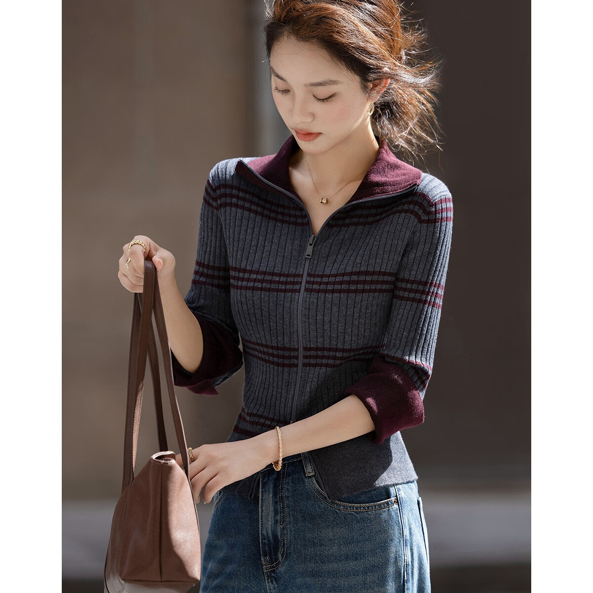 Demana Women's Autumn Wool Blend Cardigan with Lapel, Bell Sleeves, Colorblock Striped Knit Sweater with Zipper