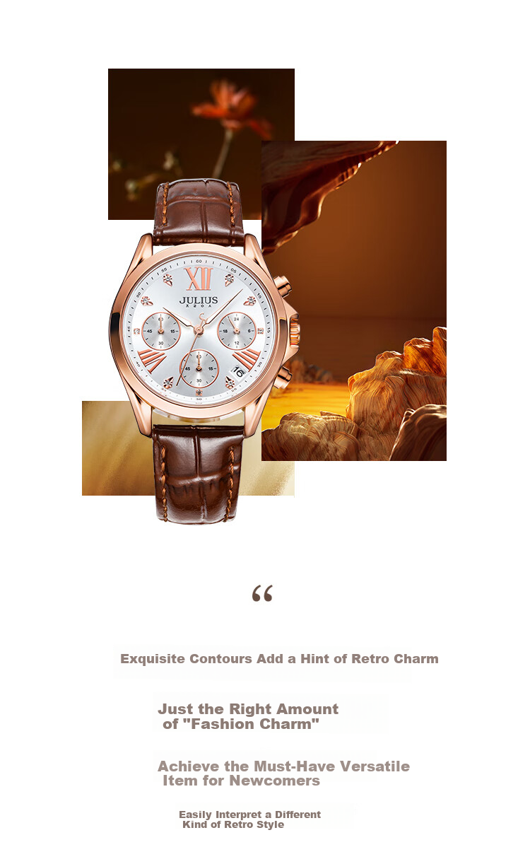 Julius Women's Watch with Calendar, Multifunctional Elegant Diamond-Studded Quartz Watch, Waterproof Ladies' Wristwatch, Brown JA-1482C 2