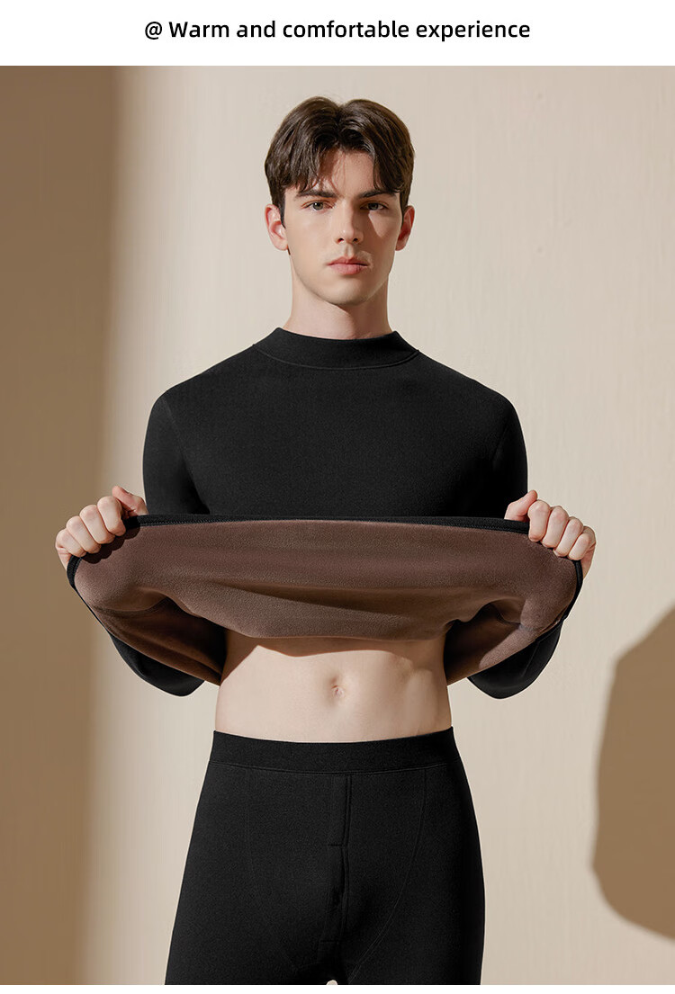 Langsha Men's Thermal Underwear Set Mid-Neck Autumn Winter Fleece Thickened Heating 10A Antibacterial Ultra-Soft Top and Bottom 6
