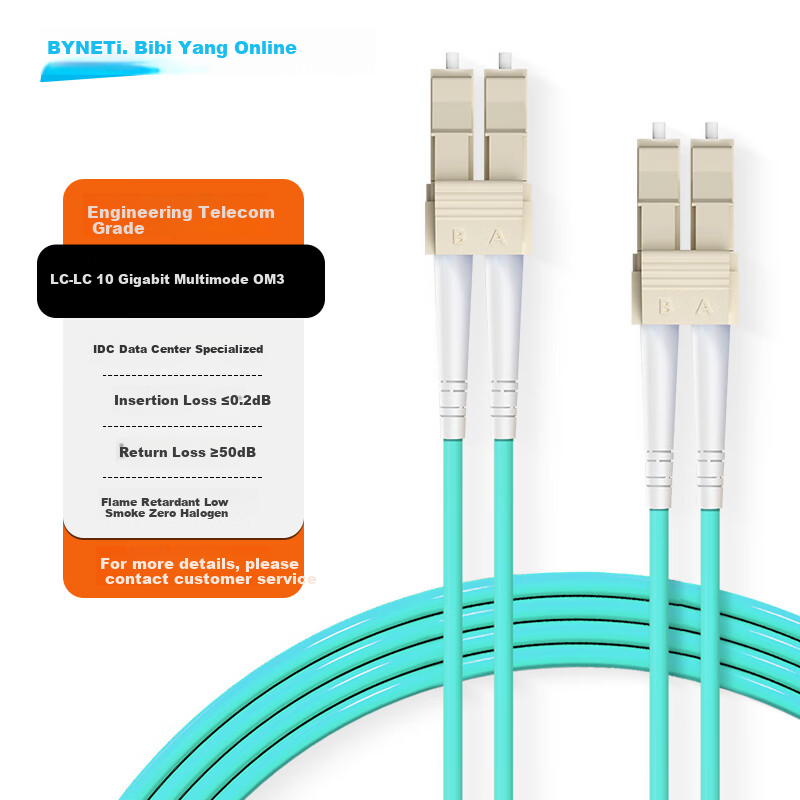 BYNET 10 Gigabit Multi-Mode Fiber Optic Patch Cable LC-LC OM3 Multi-Mode Dual-Core Duplex Pigtail Telecom-Grade Low Smoke Zero Halogen LSZH Bend-Resistant Fiber Optic Patch Cable 2.0 (UPC) 1 Meter