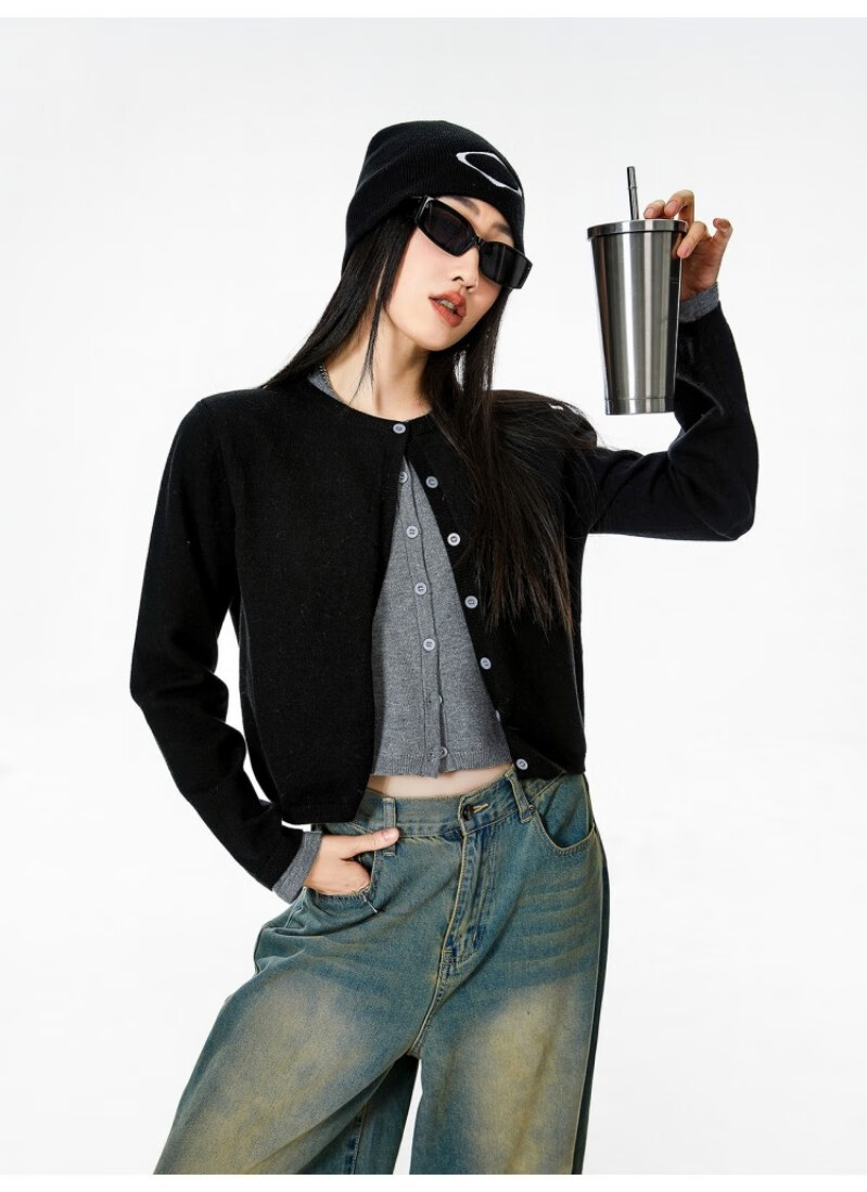 ICH MODE American Vintage Two-in-One Knit Cardigan Women Autumn Winter Sweater Jacket Base Shirt Long Sleeve Top Dark Gray XL 4