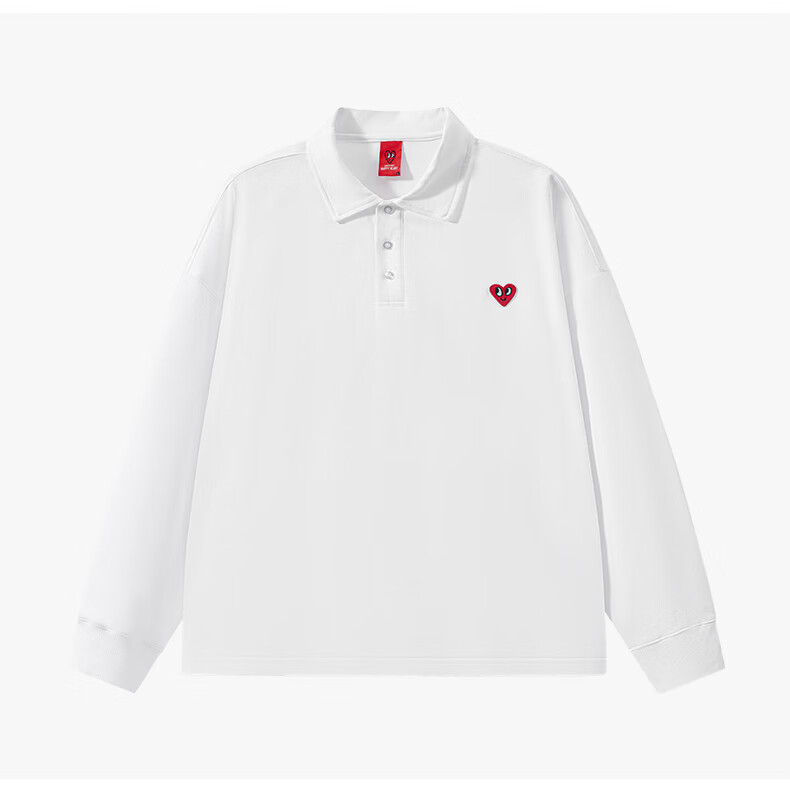 Charles Peach Heart Simple Collar Polo Sweatshirt Unisex Couple Small Heart Chest Autumn Long Sleeve Off-White S 11