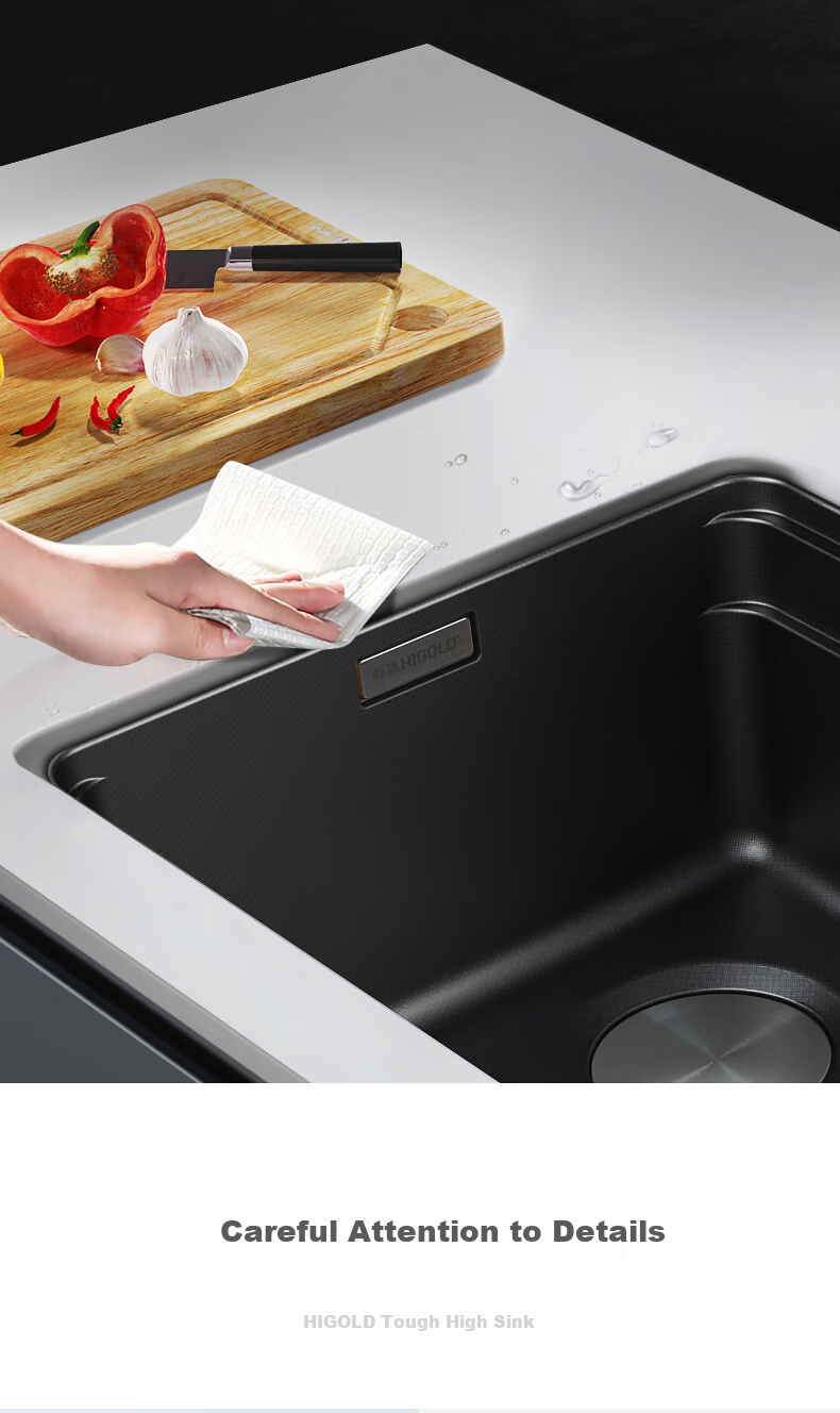 HIGOLD Kitchen Sink, Double-Step Black Titanium Nano 304 Stainless Steel Large Single Bowl, Vegetable Washing Basin, Dishwashing Sink, Faucet Set 11