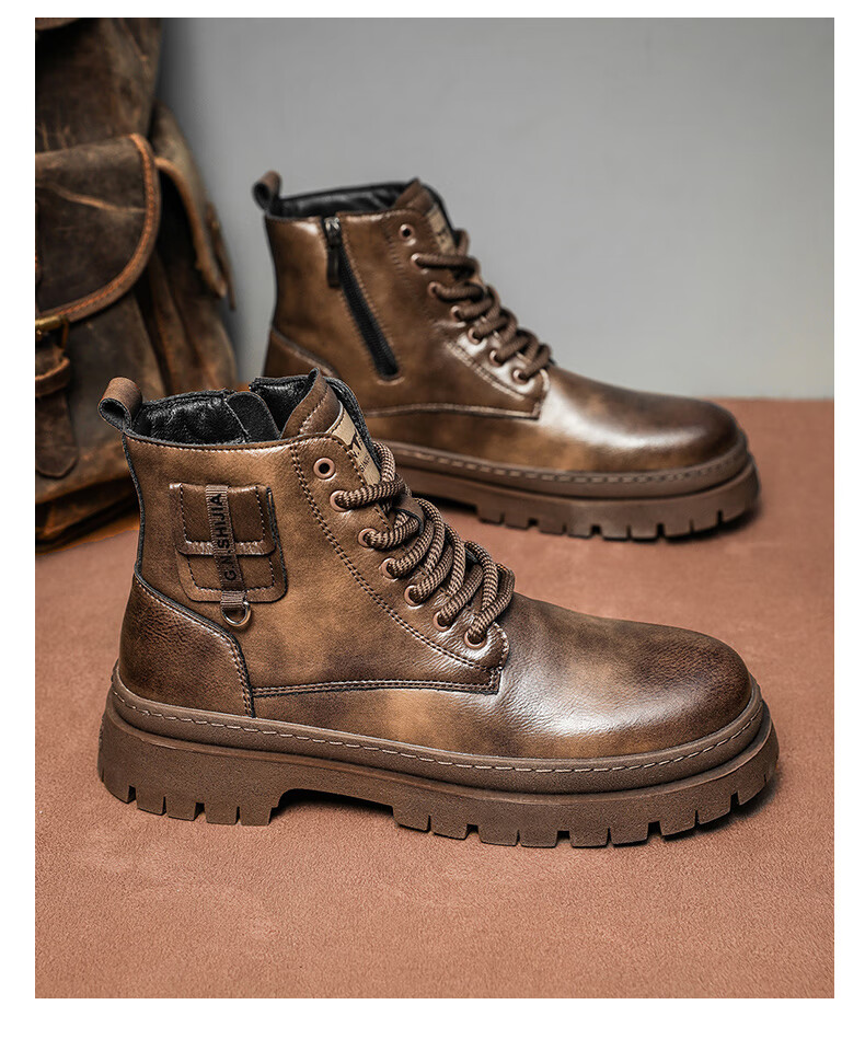 G.N.Shi Jia Men's Martin Boots, Genuine Leather, 2026 Autumn And Winter New Style, British Retro Thick-Soled Heightening Work Boots, Red-Brown, Size 43 6
