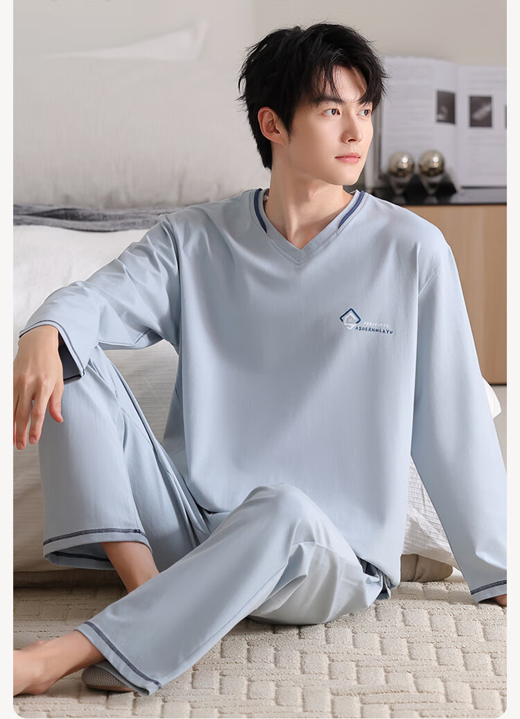 Fenteng Kean New Modal Men's Spring Autumn Long Sleeve Crew Neck Pullover Simple Style Two-Piece Sleepwear Set 1