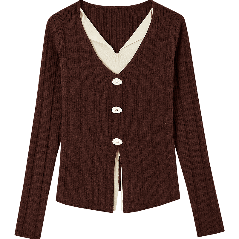 Demana Warm Soft Fiber Autumn Elegant Two-Piece Look Color-Block V-Neck Slim Knit Sweater for Women
