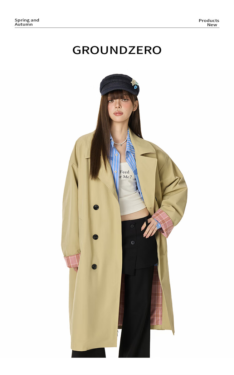 GROUND ZERO Unisex Autumn Mid-Length Trench Coat with Plaid Color-Block Lining Black 2XL 1