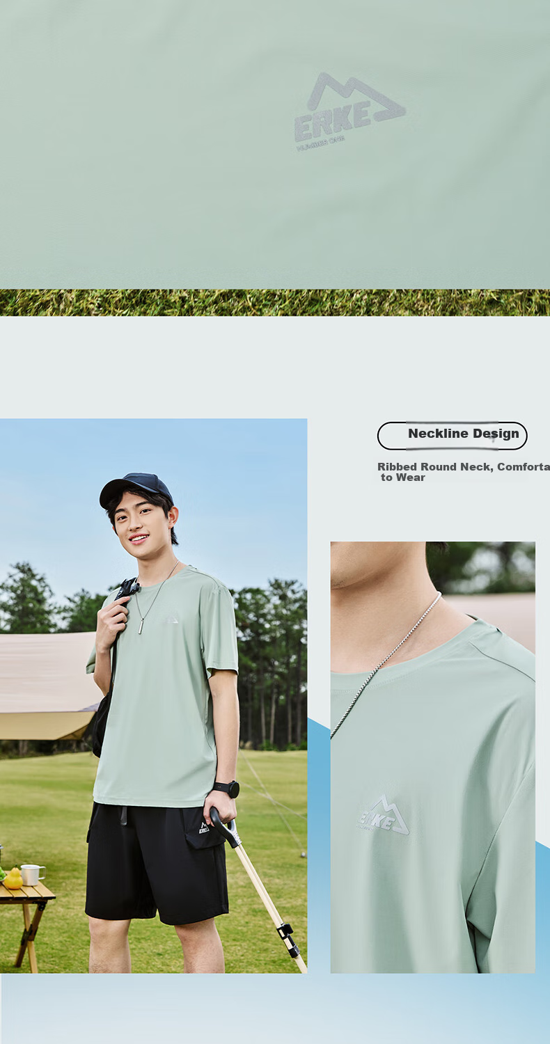 ERKE Men's Summer Outdoor Antibacterial Ice Feel Solid Color Casual Crew Neck T-Shirt Sportswear 3